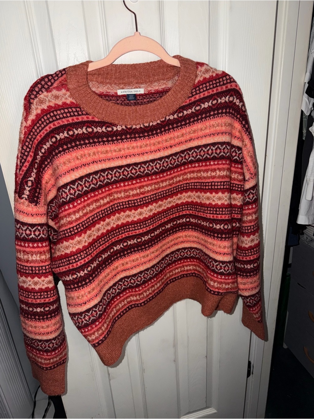 American Eagle Outfitters Fair Isle Crewneck Sweater in Rust & Pink